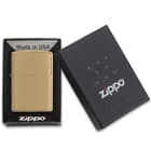 Zippo classic brushed brass lighter in the case