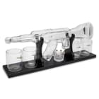 The decanter set can be displayed and stored on a premium wooden stand, which is 22 1/2”x 8 1/2” with the decanter