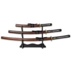 Katana: 41” overall, 28” blade; Wakizashi: 30 7/10” overall, 20” blade; Tanto: 20” overall, 12 1/5” blade