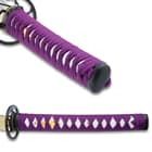 Two views of the purple, cord-wrapped handle