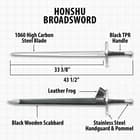 Honshu Broadsword With Scabbard - 1060 High Carbon Steel Blade, TPR Handle, Stainless Steel Pommel - Length 43 1/2”