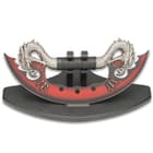 The dragon fantasy ulu knife is 5 1/2” in width and can be displayed on a premium, black wooden display stand