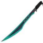 The sword has a sharp 19 1/2” blade with partial serrations and it features cut-outs on the spine and cut-out slots in the blade