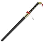 The 41 1/2” overall fantasy sword cane fits seamlessly into a matte black, wooden scabbard-style sword cane shaft
