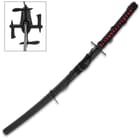 The 38” overall battle sword can be carried in its black, matte wooden scabbard which is accented with black cord-wrap