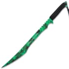 The fantasy sword is a solid, one-piece stainless steel construction with a green and black fade wrap-around graphic
