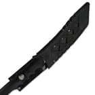 The injection-molded TPR blade sheath protects the blade and matches the black handle. 