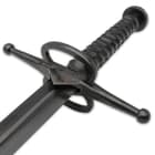 The handle has a black, ridged grip that is faux leather, and the heavy-duty, rounded pommel has the gun bluing treatment