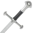 Close up view of pewter look metal alloy crossed shaped handle on the short broadsword
