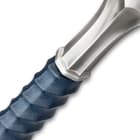 Zoomed view shows the attention to detail in the blue leather wrapped handle and solid metal pommel. 