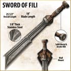 The Hobbit character Fili shown holding the Sword of Fili. 