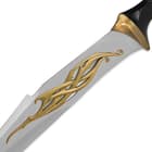 The Elven blade is made of stainless steel and has cast metal ornamentation on the side. 