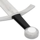 It has a 33” carbon steel display blade with a central fuller and it has a leather-wrapped wooden grip and steel pommel
