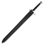 The broadsword with black leather handle secured into a black leather scabbard. 