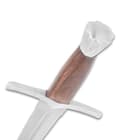 The sword has a wooden handle that's topped with a chrome-finished metal knob pommel