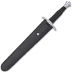 The high-quality reproduction sword is 15 1/2” in overall length and fits like a glove in its black leather belt sheath