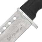 It has an imposing 21 1/4” Damascus steel blade, which extends from a satin-finished stainless steel handguard