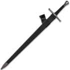 The 43 1/2” overall length broadsword fits securely in a black wooden scabbard that includes a leather belt hanger