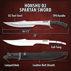 Honshu Spartan Sword And Sheath - D2 Tool Steel Blade, Grippy TPR Handle, Stainless Steel Guard - Length 23”