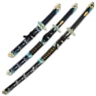 The swords slide smoothly into black lacquered scabbards with painted accents and traditional cord-wrapping