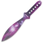 Each of the three throwing knives is made of one-piece stainless steel construction with galaxy print and weight reducing thru-holes.