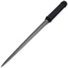 It has a 10 1/4” cast 2Cr13 stainless steel tri-edged blade with a matte grey finish and a sharp penetrating point