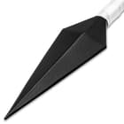 It’s made of one, solid piece of black stainless steel and has a 2 1/2” blade that goes down to a penetrating point