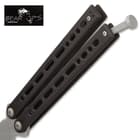 The Bear Song VIII Black Tanto Butterfly Knife has a a smooth locking latch to keep the handles securely closed