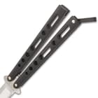 The Bear & Son Black Handle Butterfly Knife has black, extra thick die cast metal handles that feature slot and hole cut-outs and a secure locking mechanism