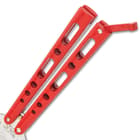The Bear & Son Red Handle Butterfly Knife has red, extra thick die cast metal handles that feature slot and hole cut-outs and a secure locking mechanism