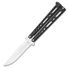 Knife is shown open with stainless steel clip point blade and black skeletonized flippers, secured with latch.