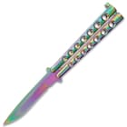Open, this rainbow butterfly knife measures 9” with a 4” blade.
