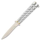 This butterfly knife has a 4” stainless steel blade with a satin finish.