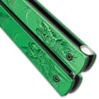Green Dragon Butterfly Knife - Stainless Steel Blade, Molded Steel Handle, Latch Lock, Double Flippers - Length 9 1/4”