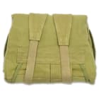 It has a heavy-duty, olive drab 100 percent cotton canvas construction with canvas and nylon webbing shoulder straps