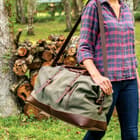 It has premium genuine leather accents, handles, zipper pulls and straps with metal buckles, rings and lobster claws, plus, a removable, nylon webbing shoulder strap
