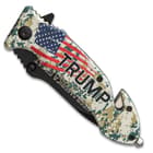 The patriotic pocket knife is 5”, when closed, has glass breaker, seatbelt cutter and a pocket clip for ease of carry