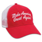 Red Trump Make America Great Hat - Trucker Style Cap, Cotton Twill Construction, Polyester Mesh Back, Velcro Back Strap