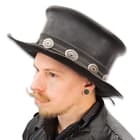 Hard Rockin Black Leather Top Hat - Genuine Leather, Removable Hatband, Metal Medallion Accents - Diameter 13”
