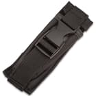 The knife can be housed in its black nylon pouch with buckle closure.