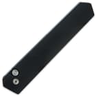 It has a black, CNC-milled aluminum handle with a push button lock and a tip-up pocket clip for ease of carry