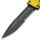A close-up of the serrated blade