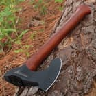 The 5 3/10” axe head is crafted of 1055 high carbon steel with a dark grey coating and it has a sharp 4 3/4” blade edge
