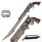 Detailed view of the ornate gun handle with spinning barrel and ornate stainless steel blade. 