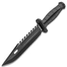 It has a razor-sharp, 7 1/8” stainless steel blade with a black, non-reflective finish and an aggressive, toothy sawback