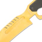 The knife has a massive, full-tang 8 1/2” 3Cr13 stainless steel clip point blade with a polished, gold-colored finish