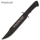 The blade is stainless steel with a black finish and etched artwork.