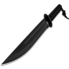The Guerrilla Fighter Knife has a black 3Cr13 stainless steel blade