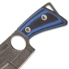 The handle scales are crafted of CNC cut, black and blue patterned G10, secured with stainless steel inserts, and the tang is extended into a lanyard slot