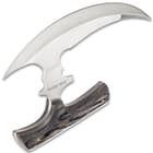 The ulu has a classic blade profile with downward curved scythe blade with penetrating points on each end.